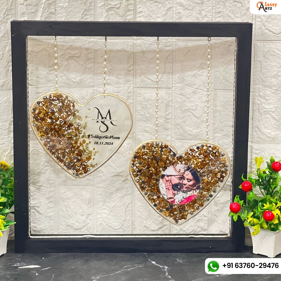 Resin Wedding Memory Keepsake in (15) Inch Heart-shaped frame with couple Name logo and Photo Varmala Preservation