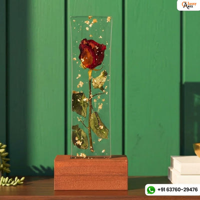 Single Rose Preservation Resin Lamp with Wooden LED Base