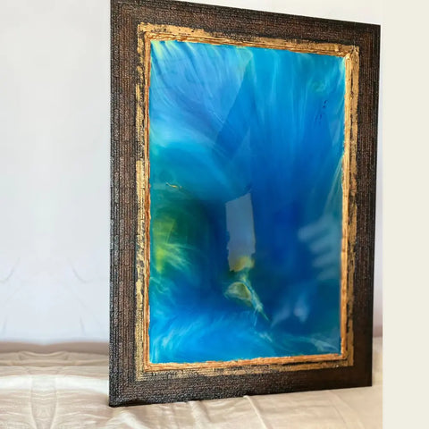 Resin Blue Abstract Art Frame with Wooden Border