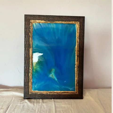 Resin Blue Abstract Art Frame with Wooden Border