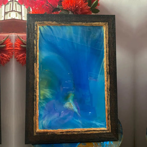 Resin Blue Abstract Art Frame with Wooden Border