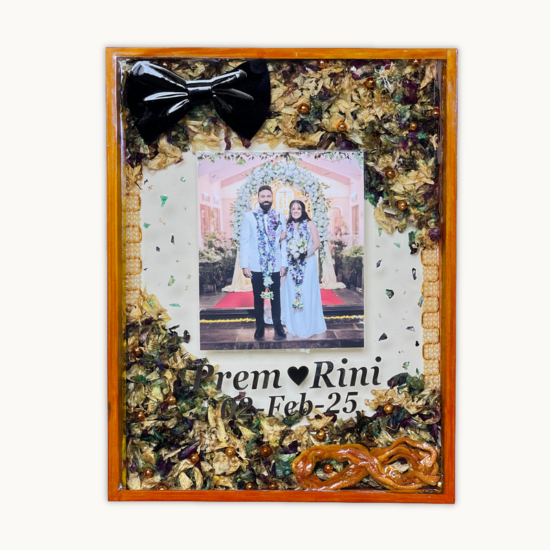 Resin 12 by 16 inch frame with Couple Photo & Head Band & tai also with Orchid Varmala Preservation