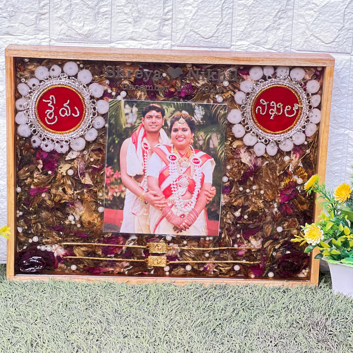 Resin 12 by 16 inch wooden frame with Couple Photo and Name with Mala and couple hand band Varmala Preservation
