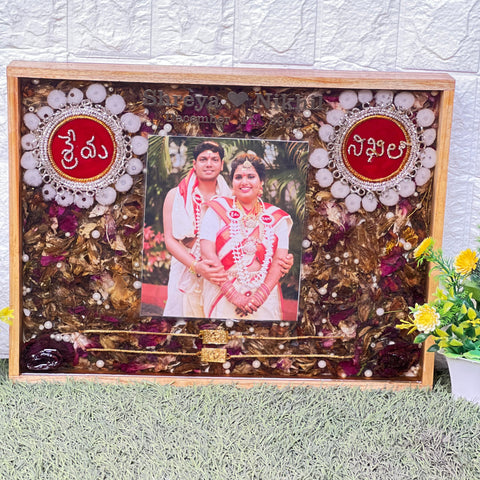 Resin 12 by 16 inch wooden frame with Couple Photo and Name with Mala and couple hand band Varmala Preservation