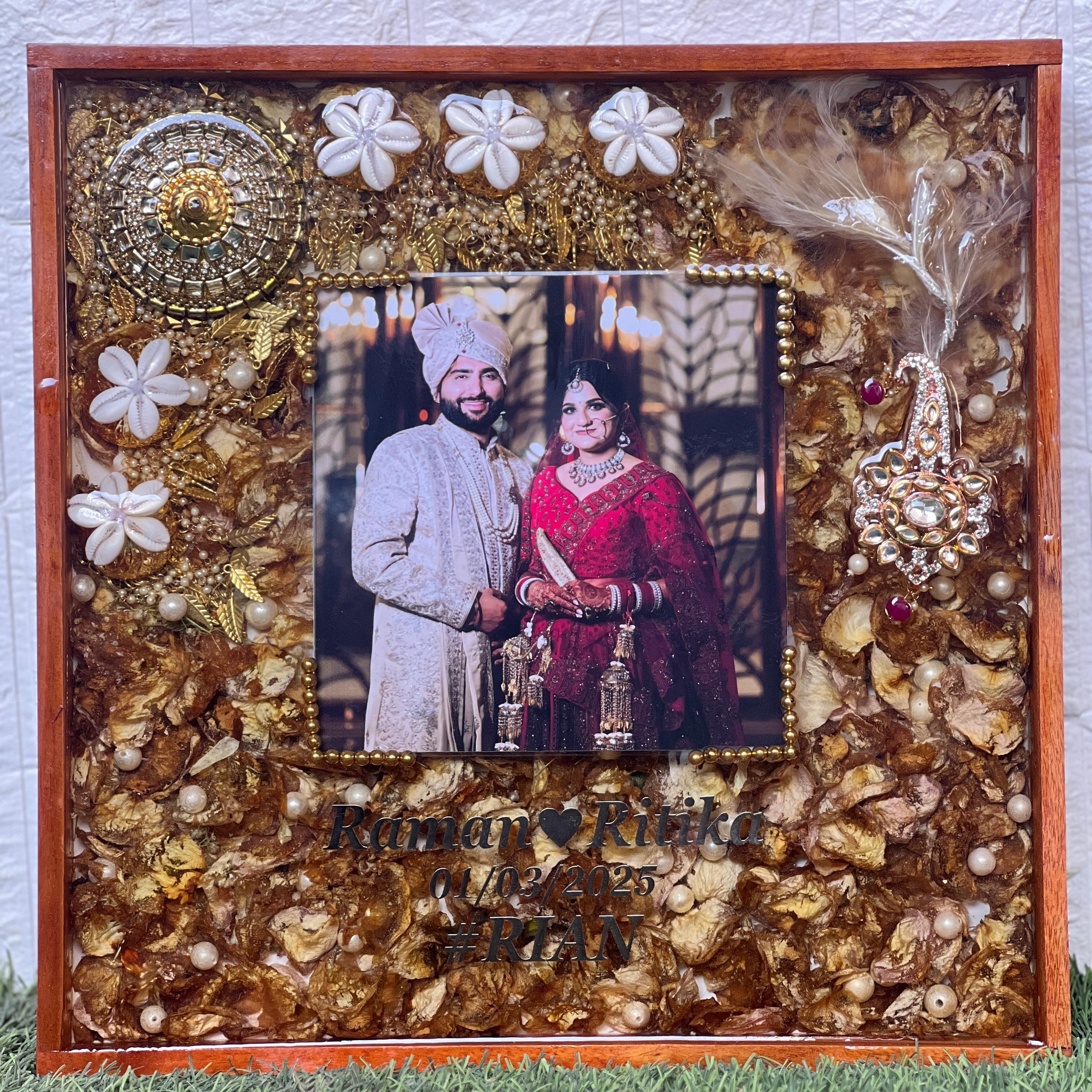 Varuna Photo Frame Resin 14 by 14inch square wooden frame with varmala ,kaleera photo nam ...