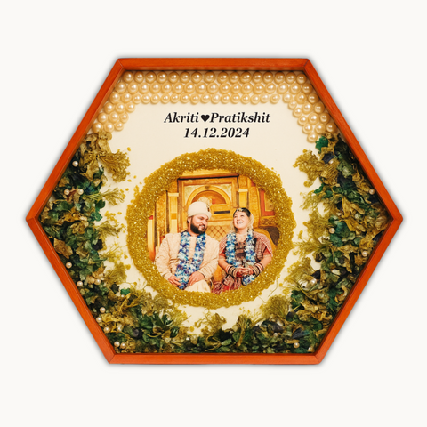 Resin 14inch Hexagonal Frame with Orchid Flowers With name & date with pearls border Varmala Preservation
