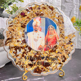 Resin 6inch curve shape with couple photo & name date with metal stand Varmala Preservation