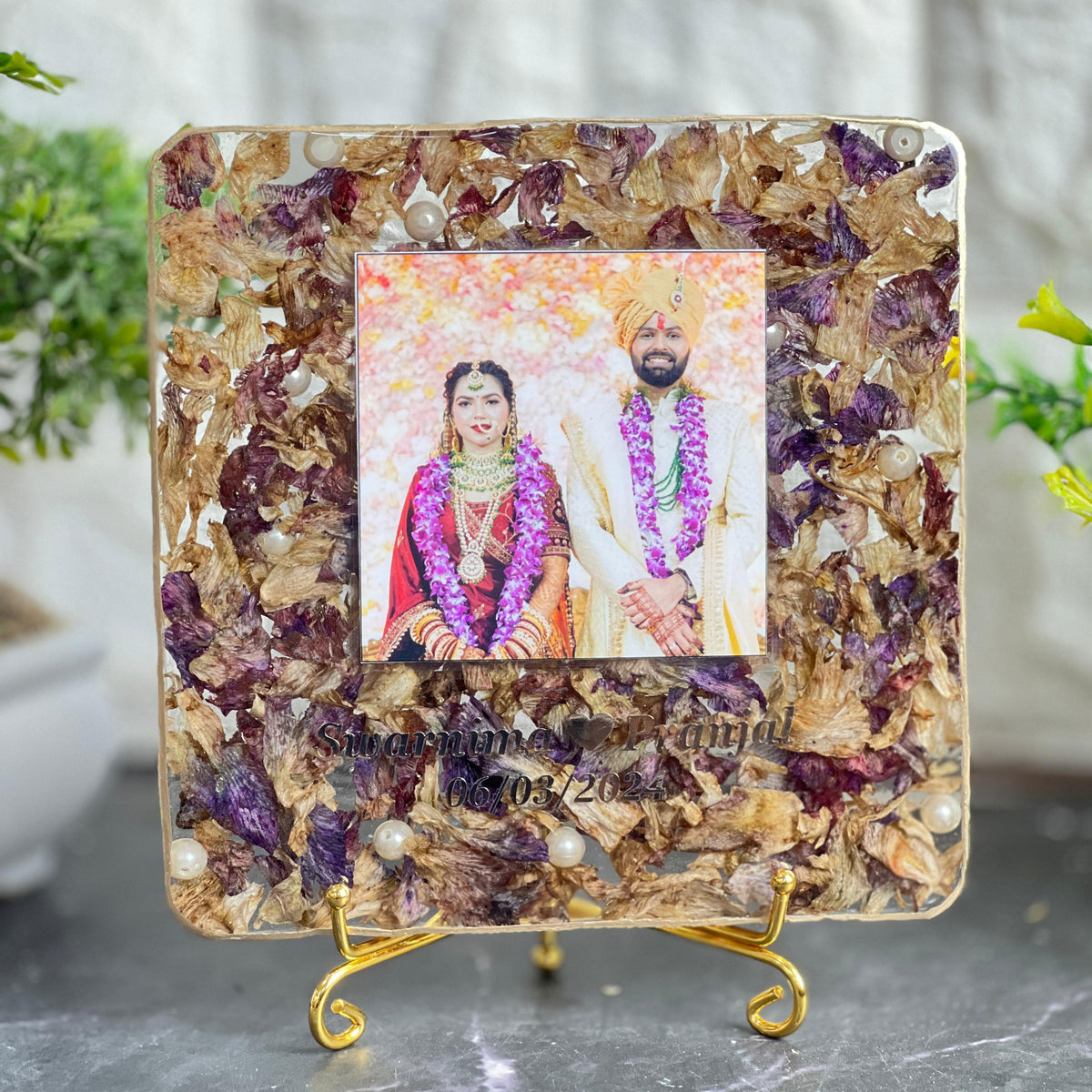 Resin 6inch square with Couple photo & Name date with orchid varmala Preservation