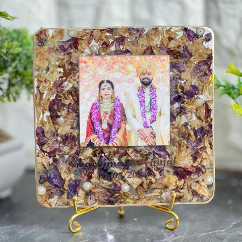 Resin 6inch square with Couple photo & Name date with orchid varmala Preservation