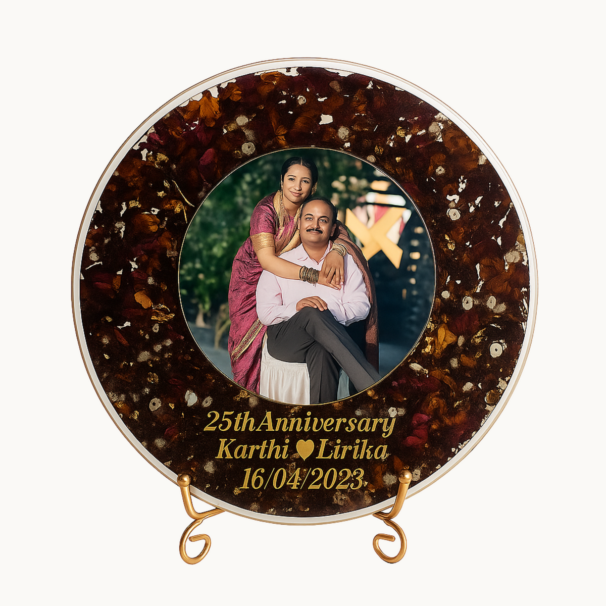 Resin 8 inch round curve shape with Petals & couple Name & Date Varmala Preservation