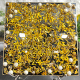 Resin 8 inch square frame with   black base petals and name date n calendar on the top with metal stand  Varmala Preservation