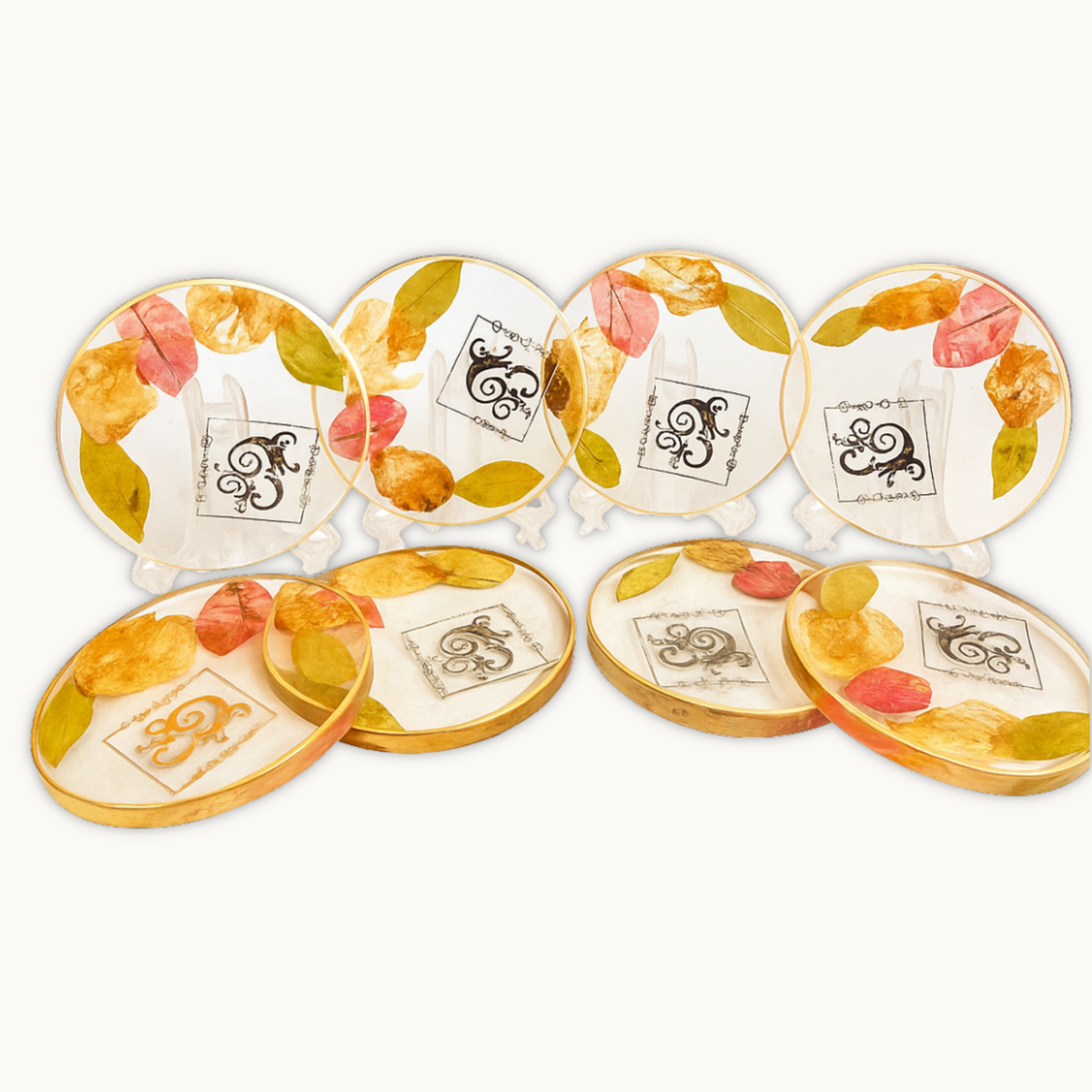 Resin 8 set of coster with Petals with Logo varmala Preservation