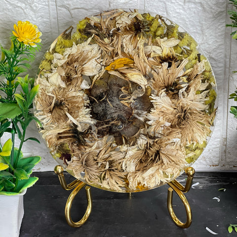 Resin 8inch round 6 inch frame dual side one side sunflower and one side white flowers  with metal stand Flowers Preservation