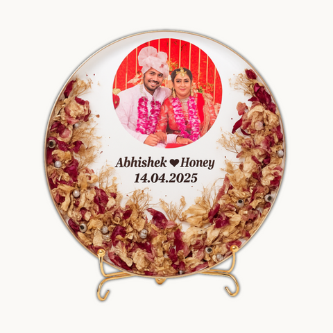 Resin 8inch round with Flowers petals & Couple Name & date with Photo Metal stand Varmala Preservation