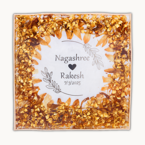 Resin 8inch square with Mogra Flowers with couple name initinal logo with metal stand Varmala Preservation