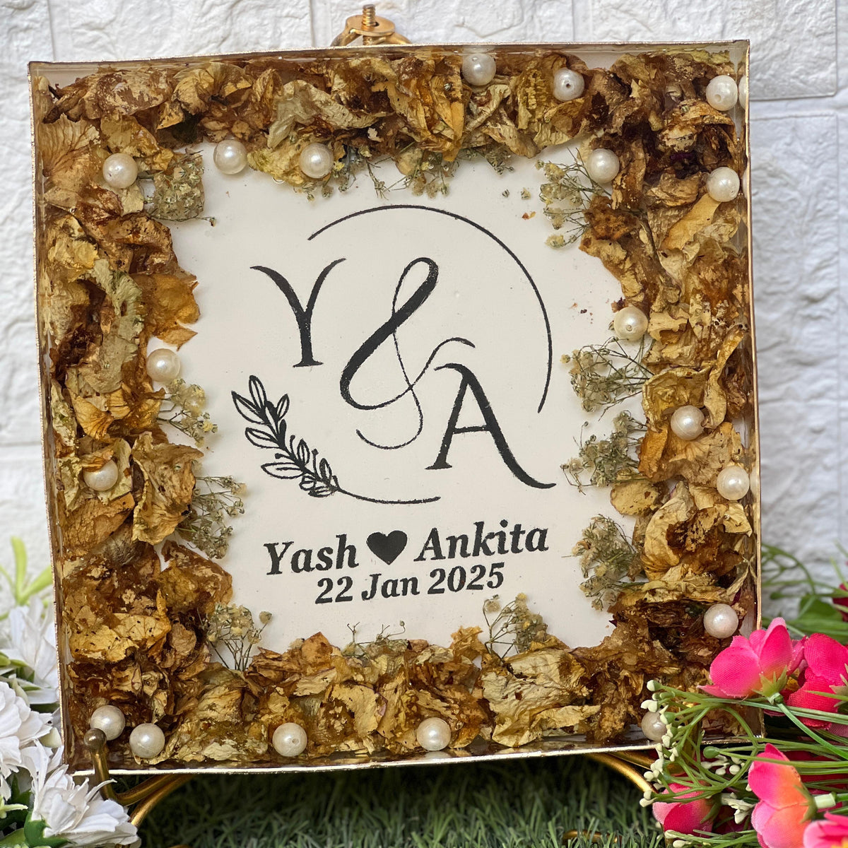 Resin Square Block with Varmala and Wedding Card Preservation (8-Inches)