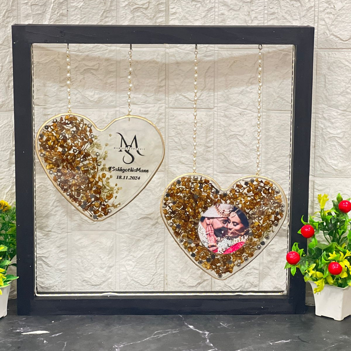 Resin Wedding Memory Keepsake in (15) Inch Heart-shaped frame with couple Name logo and Photo Varmala Preservation