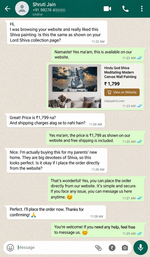 WhatsApp message from a Classy Artz customer