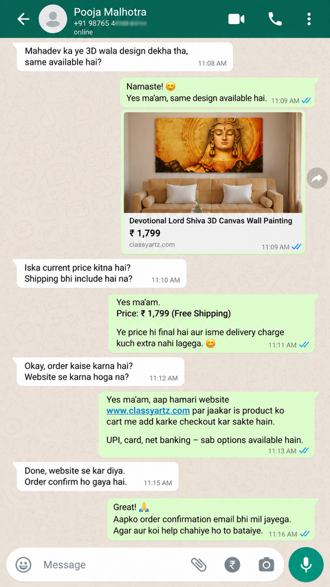 WhatsApp message from a Classy Artz customer
