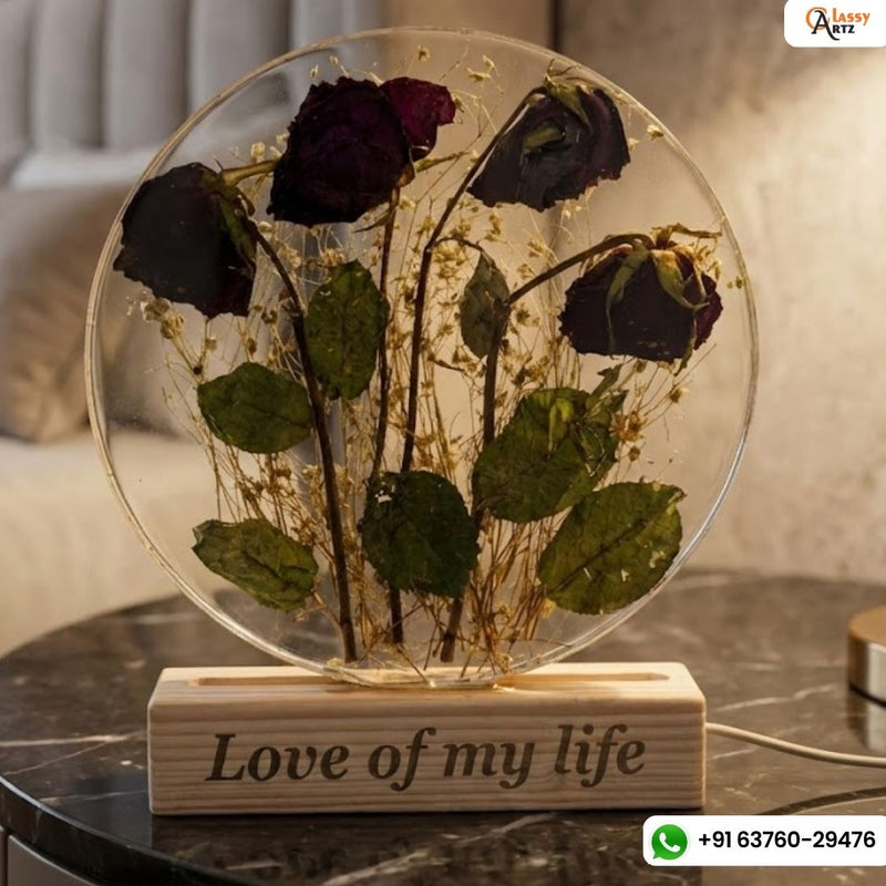 Rose Flowers Preservation in  8-Inches Resin LED Frame