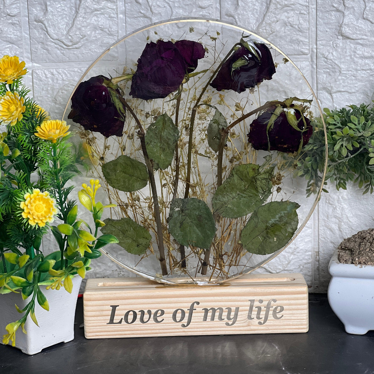 Rose Flowers Preservation in  8-Inches Resin LED Frame