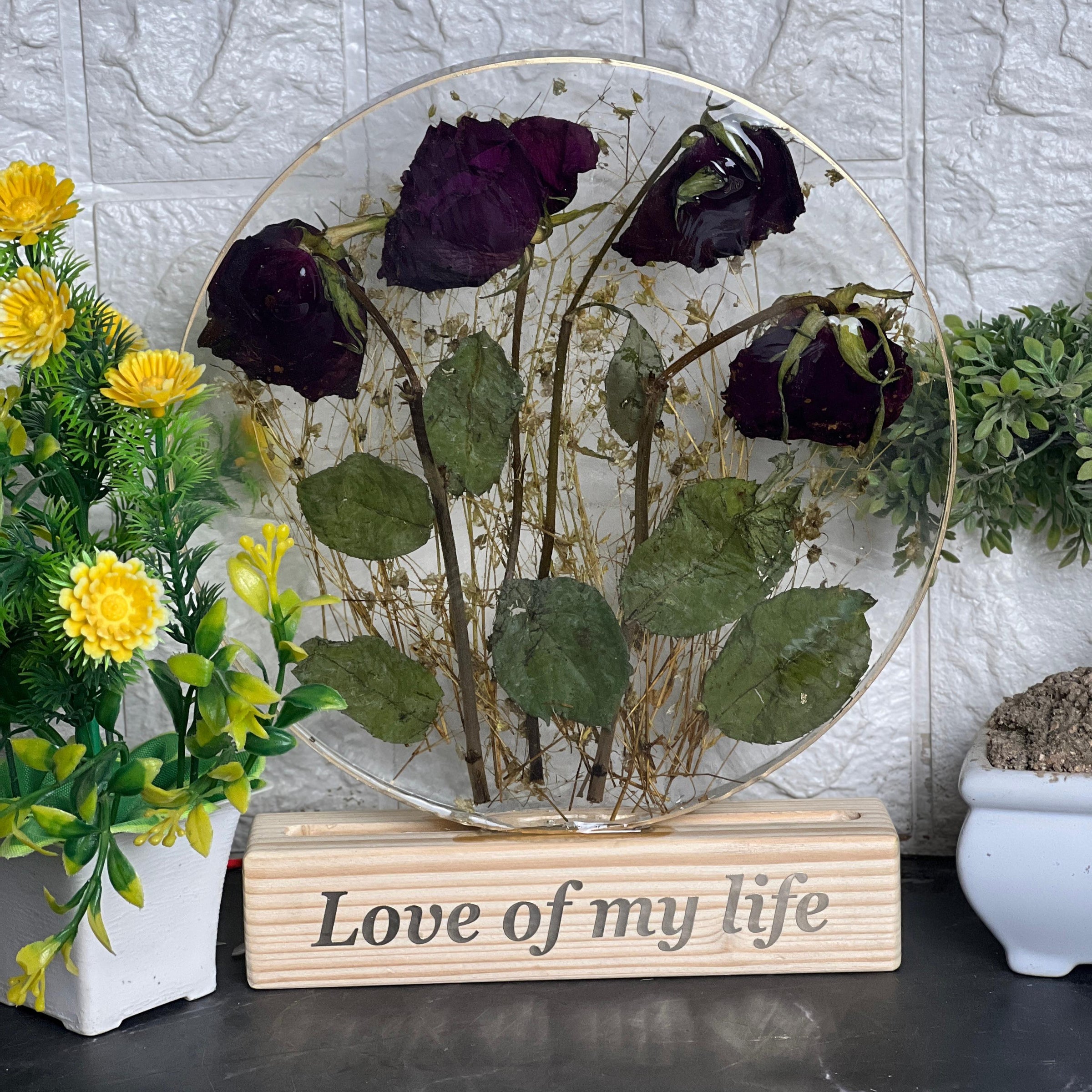 Rose Flowers Preservation in  8-Inches Resin LED Frame