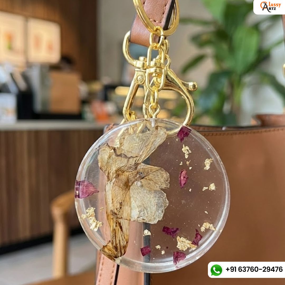 Round Epoxy Resin Bag Charm with Flower Preservation