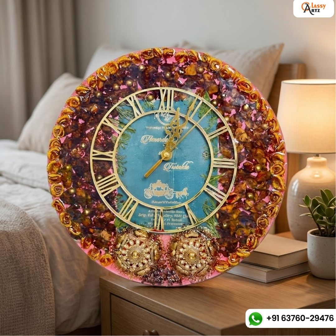 Round Resin Clock with Wedding Card and Kaleera Preservation (14-Inches)
