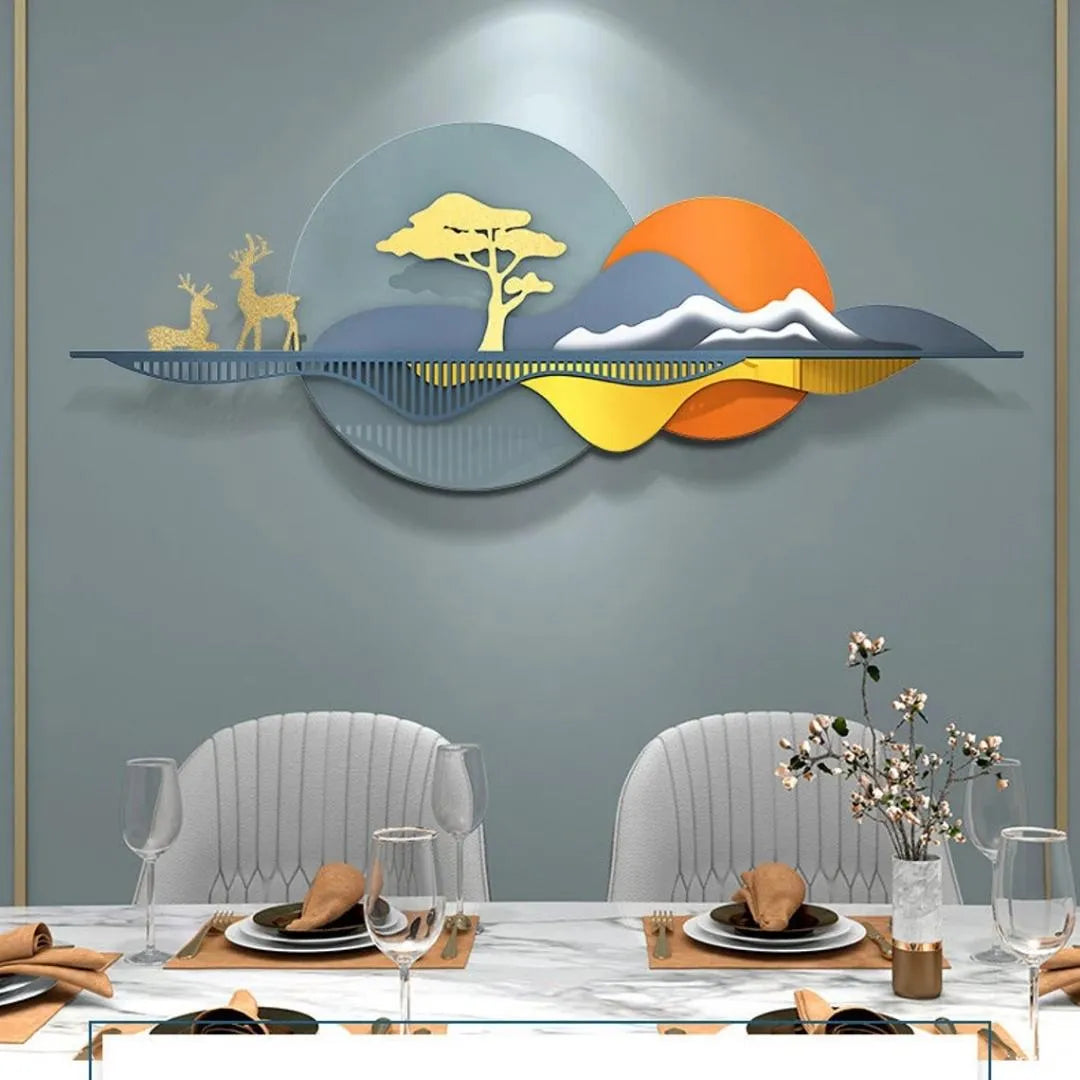 Sunset Mountain & Deer Metal Wall Art (52×24 Inches)