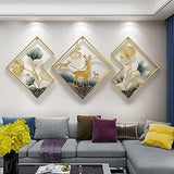 Modern Big Deer Frame Metal Wall Art for Living Room | Gold and Blue Ginkgo Leaves Metal Wall Decor for Bedroom (Set of 3 Pcs) (Size 48*21 Inches )