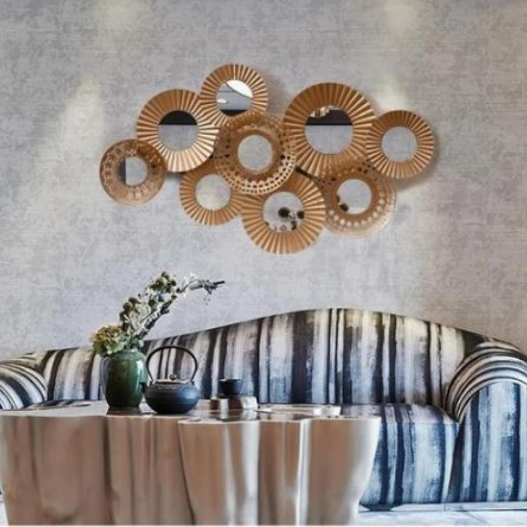 Desert-Inspired Metal Wall Art: Round Mirrors with Broad Golden Wall Decor (48×24 Inches)