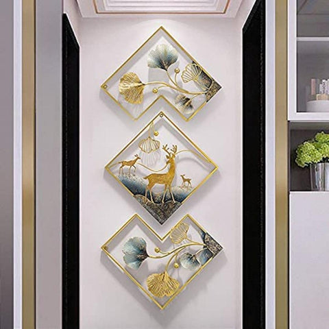 Modern Big Deer Frame Metal Wall Art for Living Room | Gold and Blue Ginkgo Leaves Metal Wall Decor for Bedroom (Set of 3 Pcs) (Size 48*21 Inches )