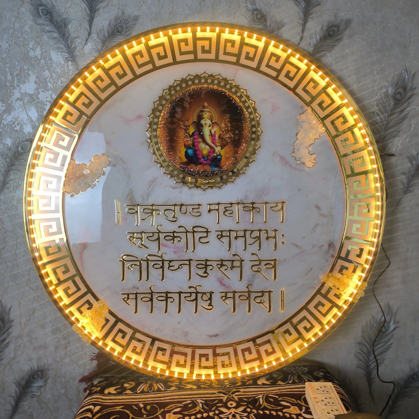 Resin Ganesha Mantra Frame with LED Lights White Marble Texture and Golden Design for Pooja Room