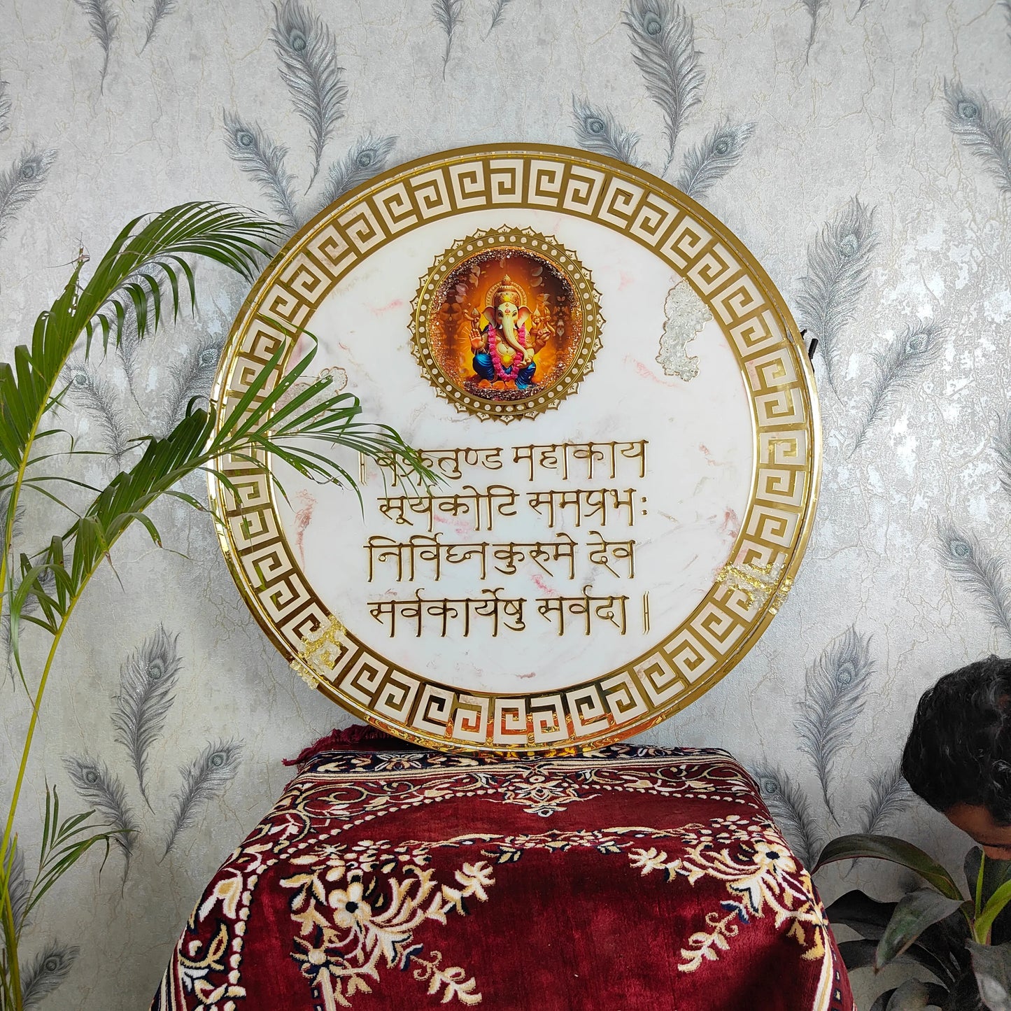 Resin Ganesha Mantra Frame with LED Lights White Marble Texture and Golden Design for Pooja Room