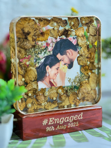 Resin 6inch block with Couple Photo & #tag with Date & LED light stand Transparent block Varmala Preservation