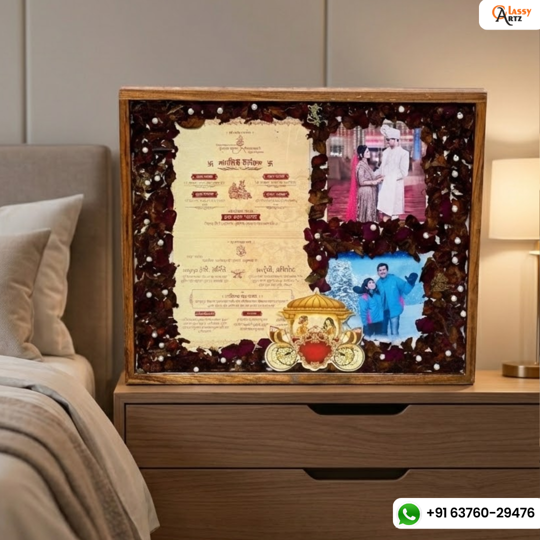 Wedding Card and Varmala Rose Preservation in Resin Frame (15 by 18 Inches)