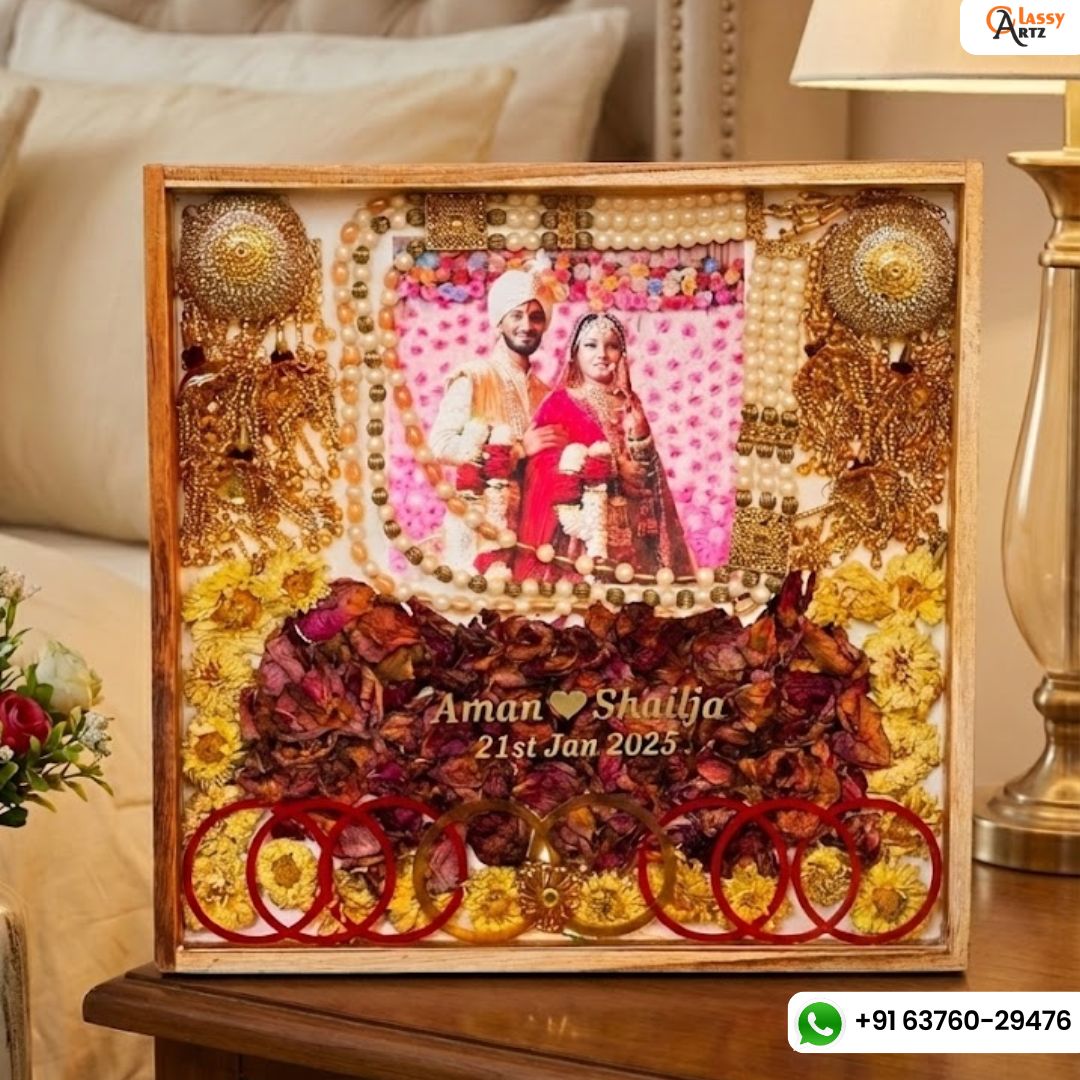 Wedding Garland, Photo & Kaleera Preservation in Wooden Frame (14-Inches)