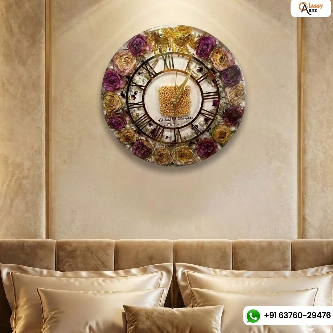 Wedding Varmala Flower & Kaleere Preserved Resin Wall Clock (12-Inches)
