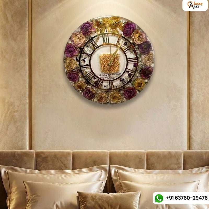 Wedding Varmala Flower & Kaleere Preserved Resin Wall Clock (12-Inches)