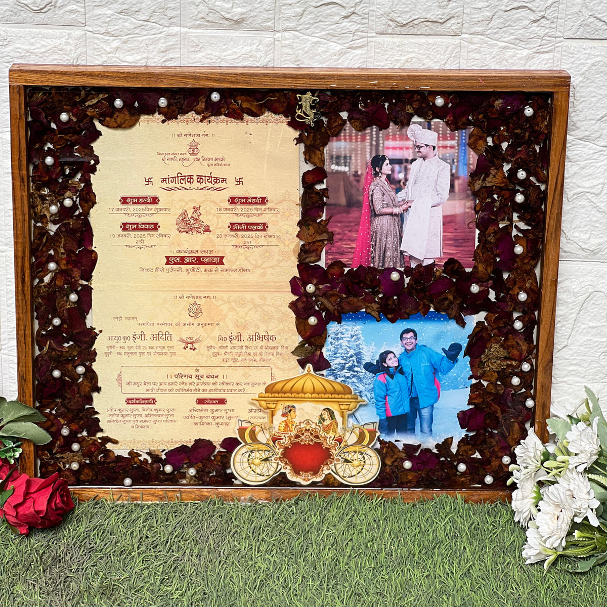 Wedding Card and Varmala Rose Preservation in Resin Frame (15 by 18 Inches)