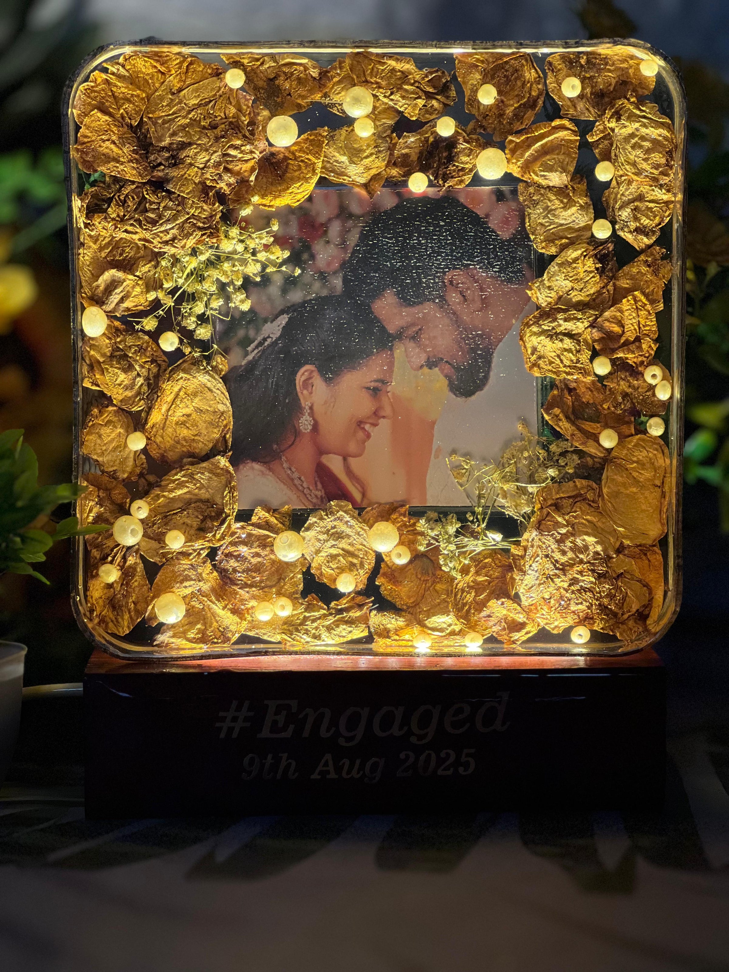 Resin 6inch block with Couple Photo & #tag with Date & LED light stand Transparent block Varmala Preservation