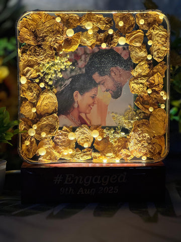Resin 6inch block with Couple Photo & #tag with Date & LED light stand Transparent block Varmala Preservation