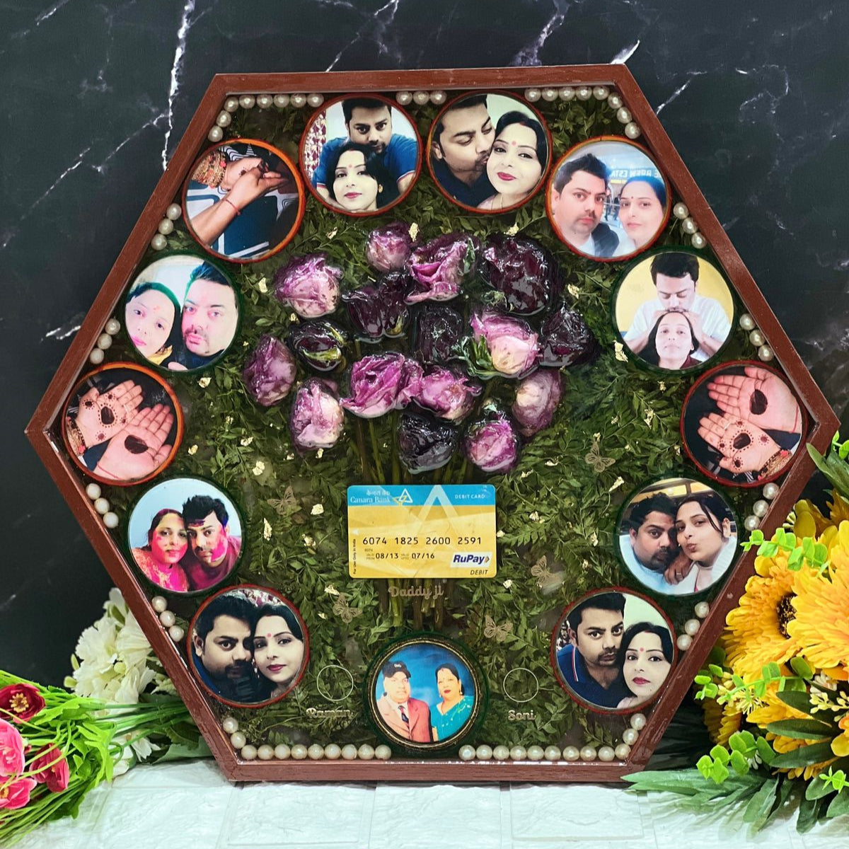 16 inch hexagon varmala preservation frame with many photos
