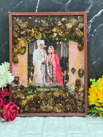 Yellow Pearl And  Garland Floral Preserve In Epoxy Frame | Golden Varmala Flower Preserve In Couple Rectangle Resin Frame