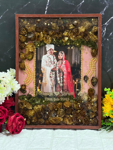 Yellow Pearl And  Garland Floral Preserve In Epoxy Frame | Golden Varmala Flower Preserve In Couple Rectangle Resin Frame