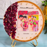 6 inch round varmala preservation table frame with red roses, white base