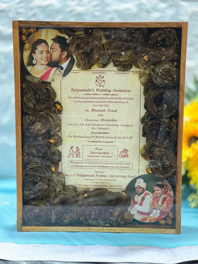 Epoxy Resin Wedding Card & Garland Preservation in Wooden Frame, Elegant Personalized Varmala Memories Keepsake, Dual Couple Photo Frame