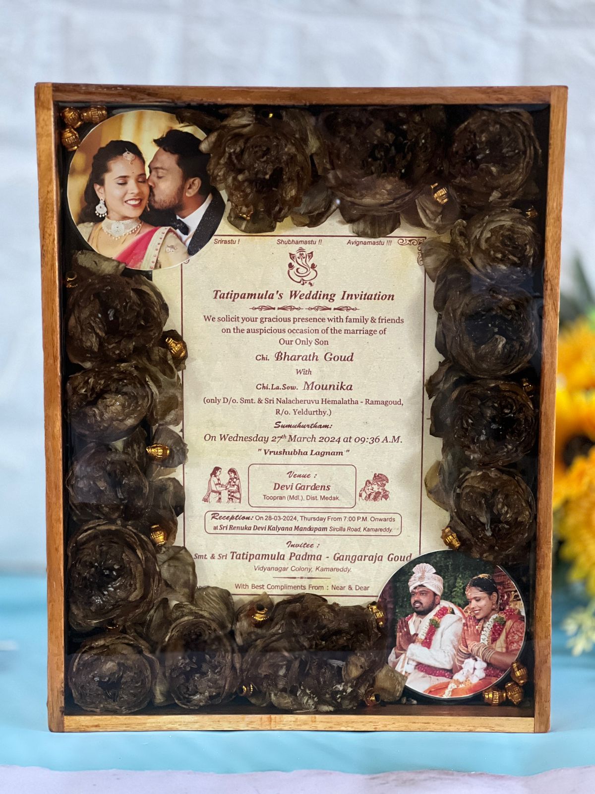 Epoxy Resin Wedding Card & Garland Preservation in Wooden Frame, Elegant Personalized Varmala Memories Keepsake, Dual Couple Photo Frame