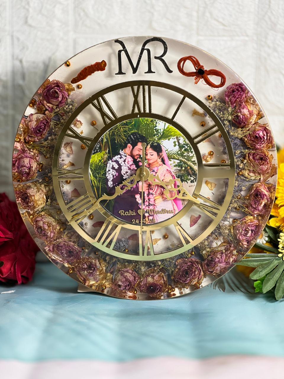 Couple Photo With Garland Flower Preserve In Epoxy Wall Clock | Round Shape Resin Varmala Analog Wall Clock | Customised Premium Wall Clock  Couple Name , Engagement Date, Hashtag