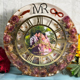 Epoxy Wall Clock with Preserved Couple Photo & Garland Flower